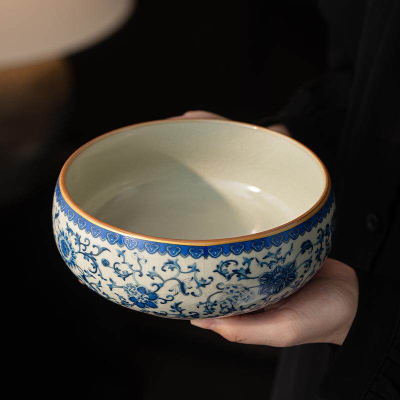 汝窑青花缠枝莲陶瓷茶洗家用大容量茶杯洗茶渣废水缸功夫茶道配件