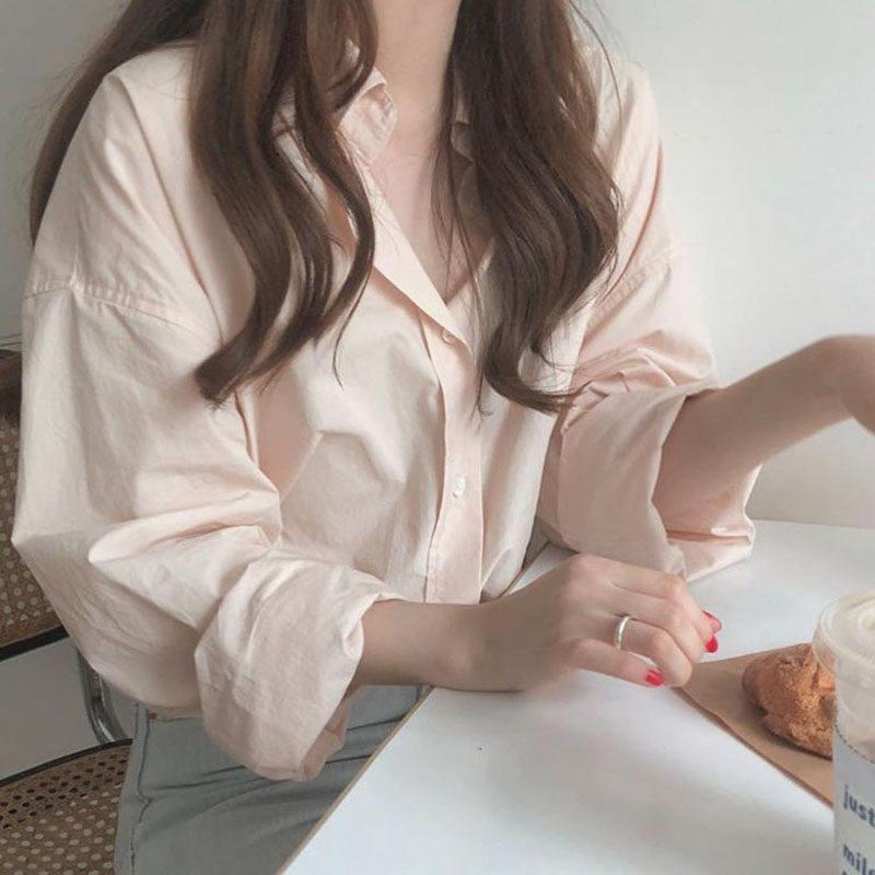 NextMary杏粉色长袖衬衫女春季百搭显瘦时尚休闲衬衣宽松翻领上衣