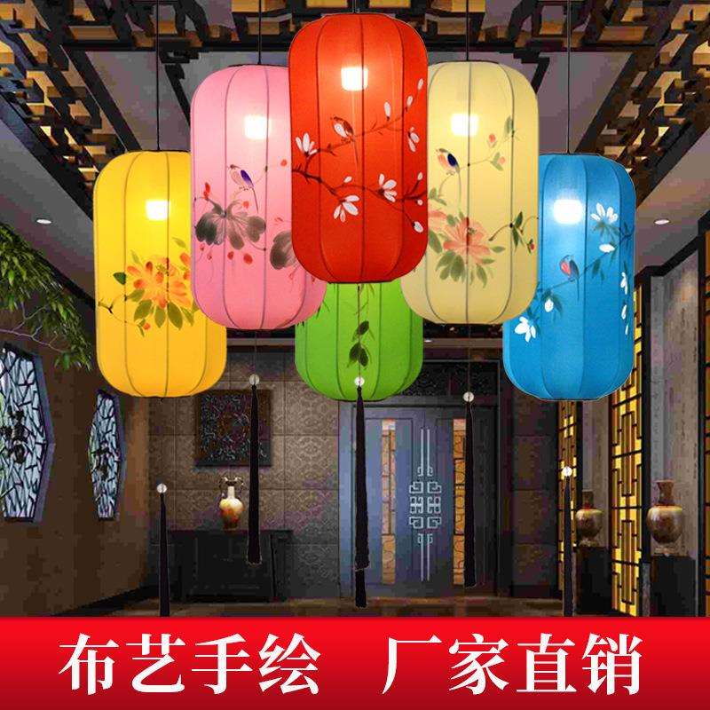 冬瓜灯笼新中式布艺手绘长形仿古典吊灯餐厅茶楼中国风红灯笼挂饰