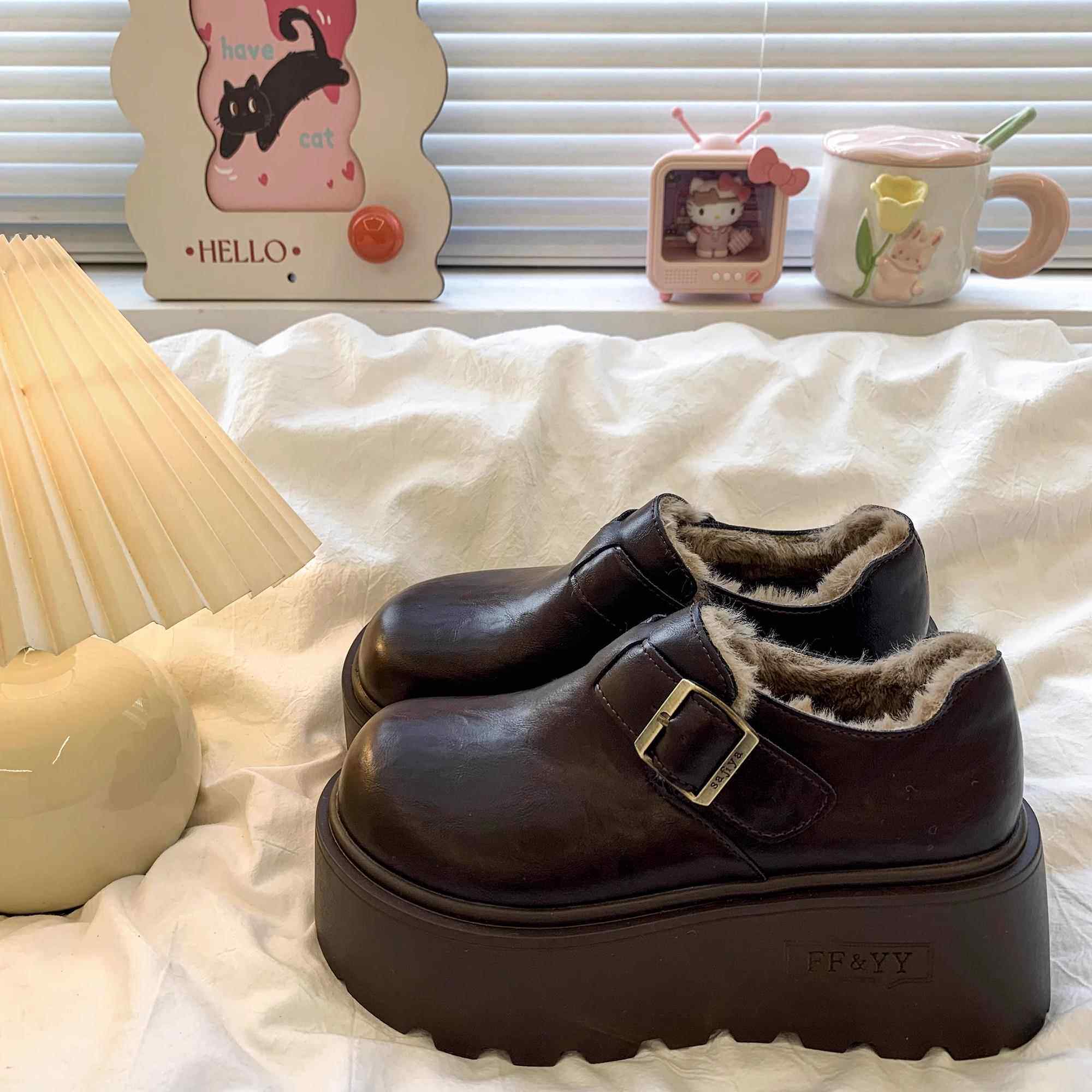香港真皮勃肯鞋女冬季2024新款防水加绒棉鞋一脚蹬增高厚底雪地靴