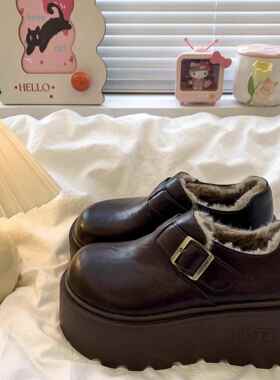 香港真皮勃肯鞋女冬季2024新款防水加绒棉鞋一脚蹬增高厚底雪地靴