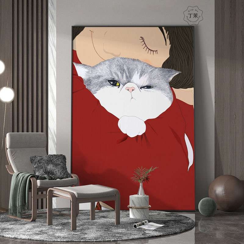 现代轻奢客厅玄关猫咪装饰画创意风格室内卧室背景墙壁竖版挂画图片