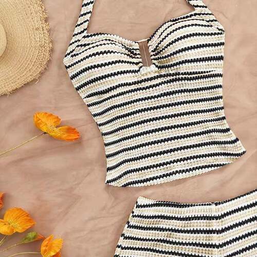 Womens Knitted Textured Striped Halter Top with Metal Buckle
