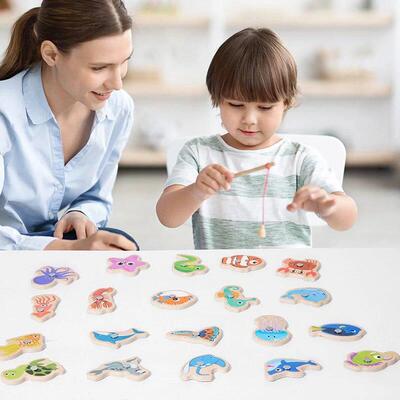 Montessori Wooden Magnetic Fishing Toys Marine Life Cognitio