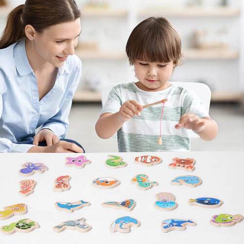 Montessori Wooden Magnetic Fishing Toys Marine Life Cognitio