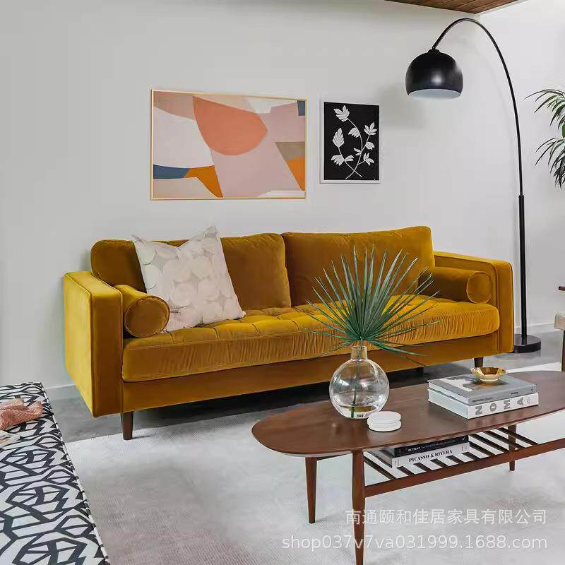 法式丝绒布艺拉沙小户型美式发复扣古轻奢转中古vinJSAtage风角沙