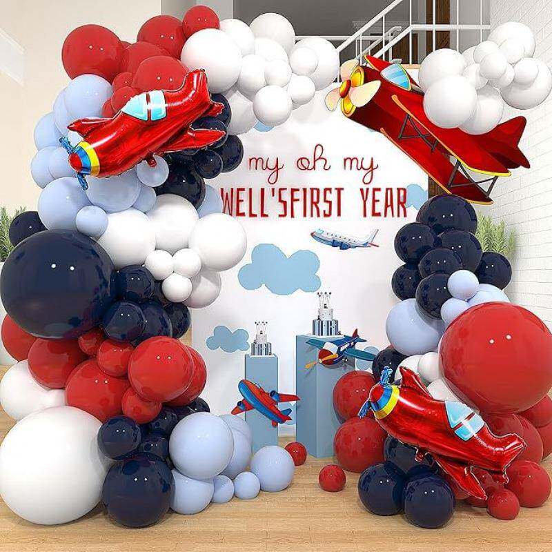 142件飞机生日派对装饰品飞机气球蓝色和红白相间时光飞逝主题