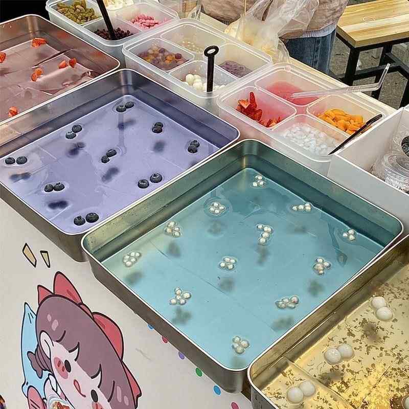 网红水果冰粉盘子商用摆摊专用托 托盘不锈钢装凉粉容器提拉米苏
