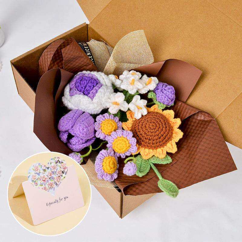 针织花毛线花成品手工编织仿真花假花向日葵玫瑰花束外贸跨境