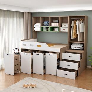 实木上床下柜组合高低抽拉床小户型儿童单人高箱带衣柜半高床定制