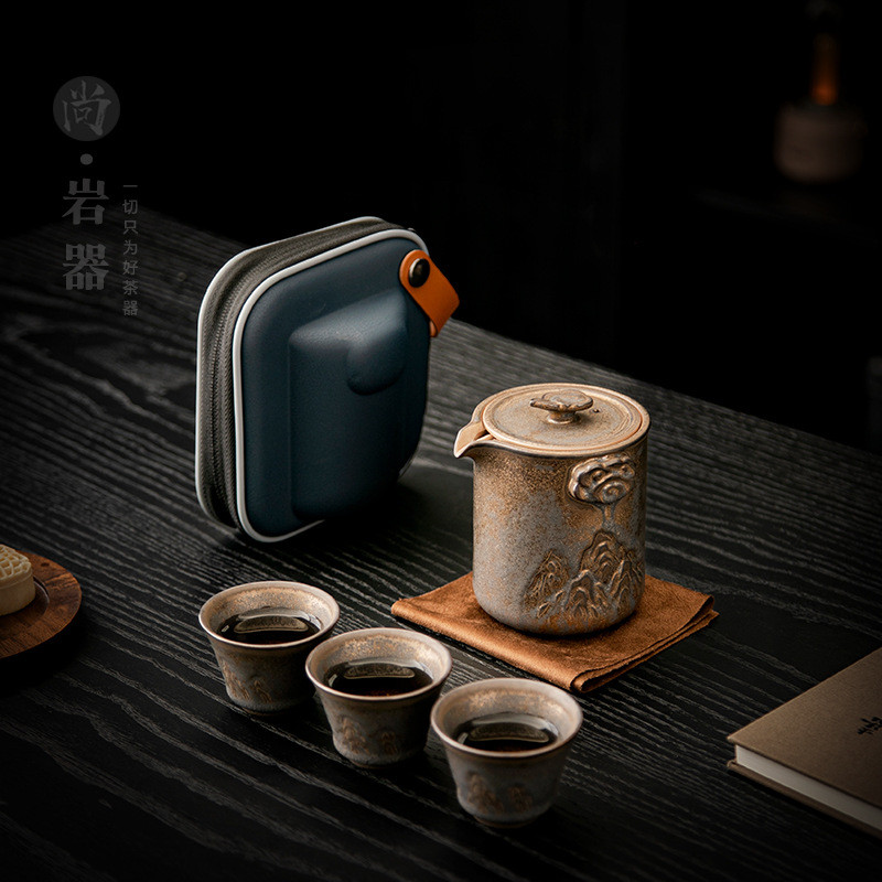 粗陶快客杯户外陶瓷便携一壶三杯功夫旅行茶具套装便携包随身泡茶