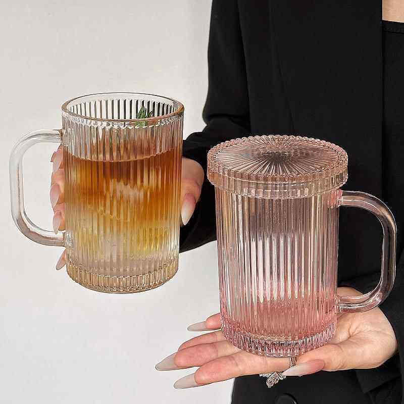 ins条纹玻璃杯带盖子果汁杯饮料杯把手水杯高颜值家用咖啡杯牛奶