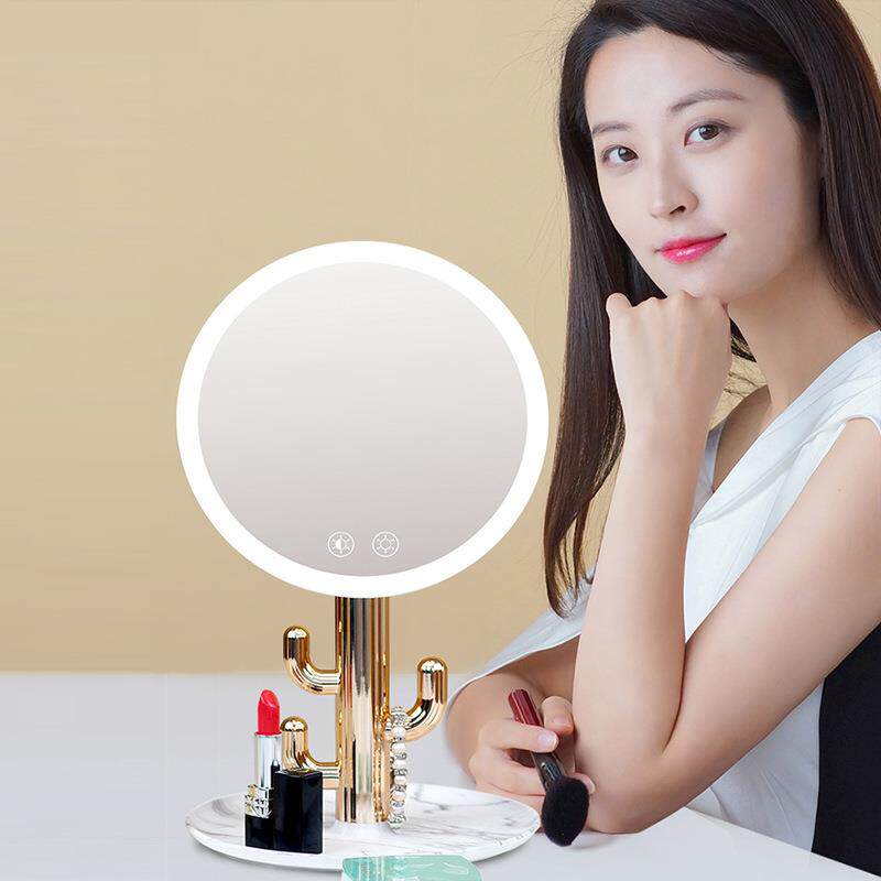 仙人掌led化妆镜美妆梳妆台学生宿舍桌面台式网红发光补光灯镜子