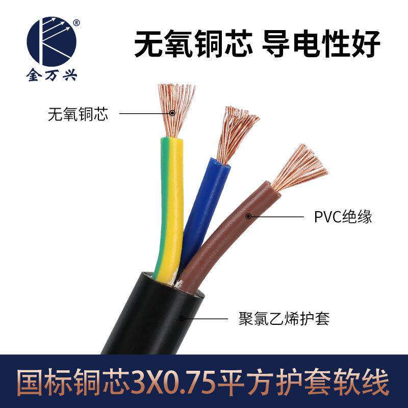 金万兴电源线纯铜3芯电缆RVV国标3*0.75平方PVC软护套CCC认证电线
