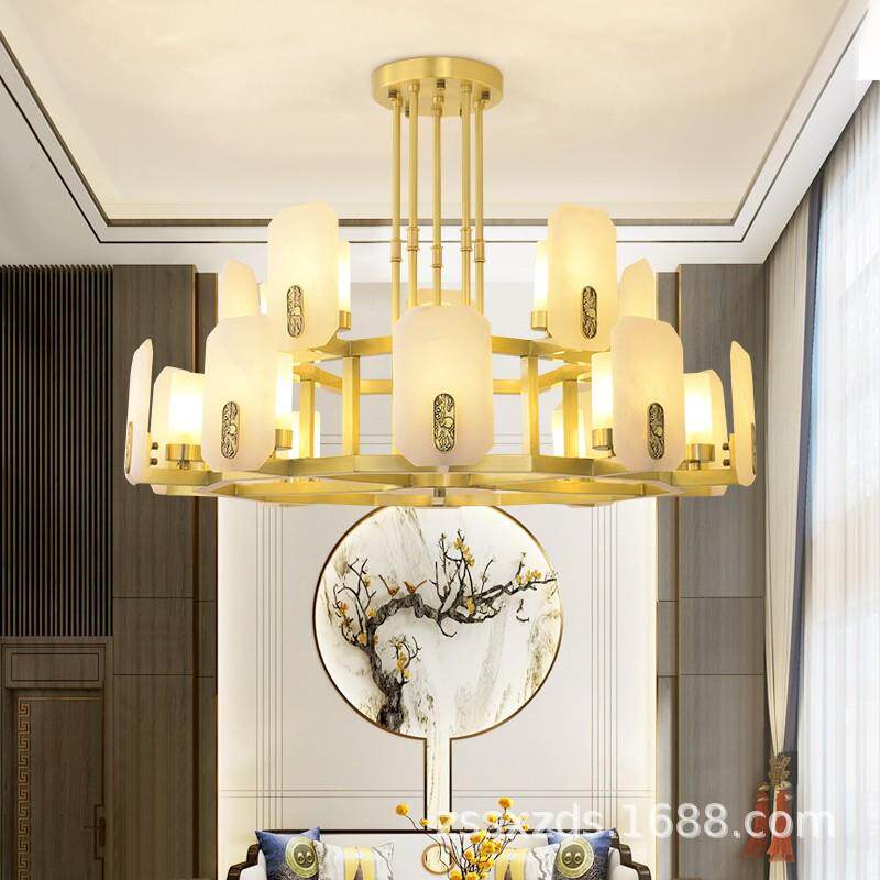 新中式全铜云石吊灯别墅禅意客厅铜灯古典餐厅茶室书房卧室灯具