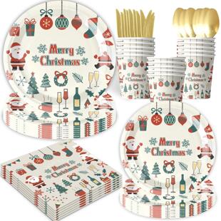 Plates 圣诞节派对装 Cups Paper Party 扮用品纸盘桌布 Christmas
