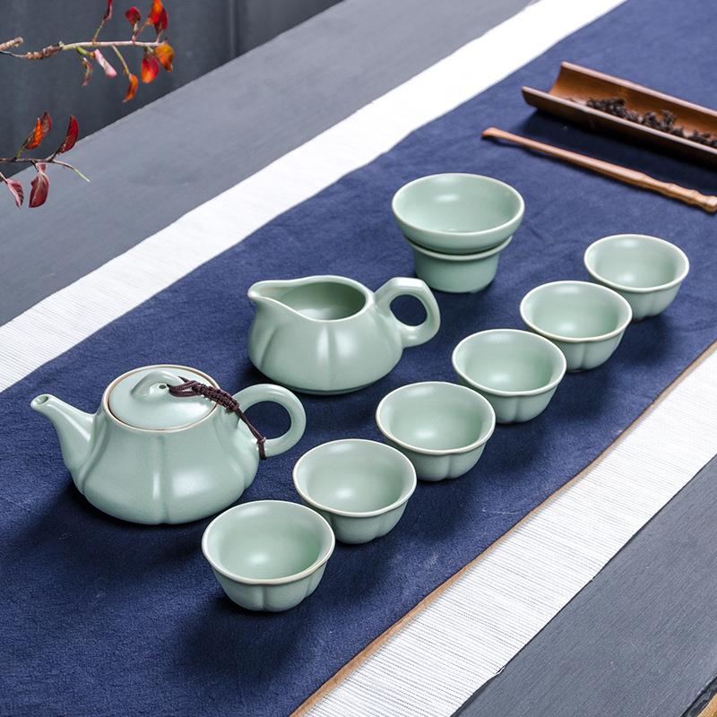 厂家汝窑10头茶具套装功夫盖碗整套泡茶壶骨瓷青瓷礼品创意礼品