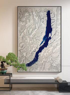 新中式装饰画蓝白线条抽象山水河流客厅茶室玄关背景墙壁轻奢挂画
