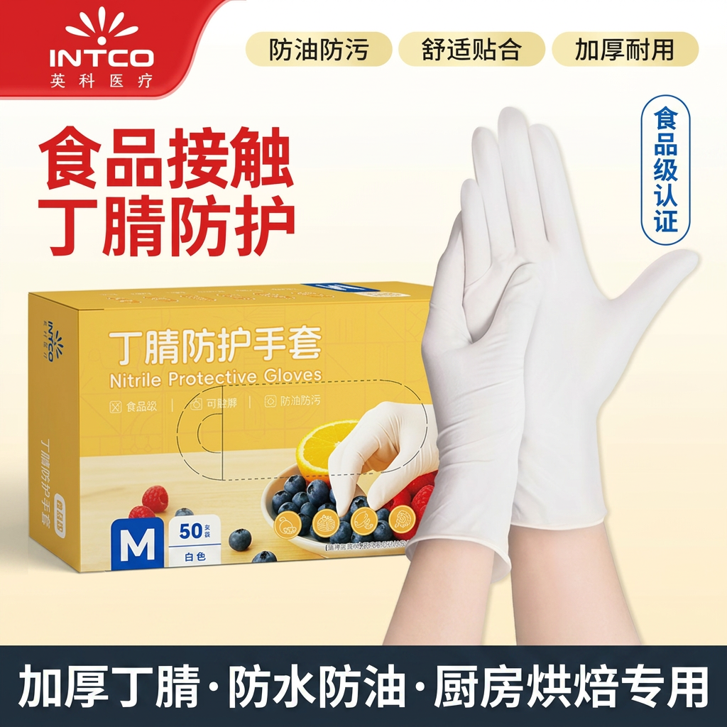英科医疗一次性丁腈手套食品级加厚耐用防水防油厨房烘焙清洁防护