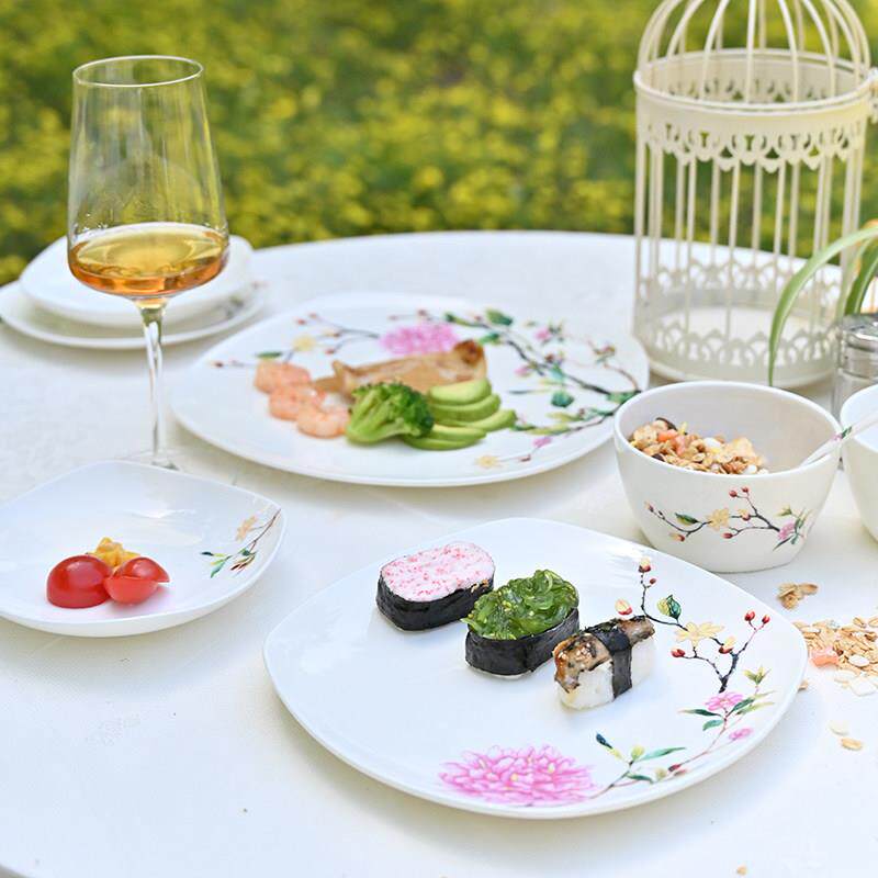 隆达骨瓷餐具方形盘子精致菜盘中式田园家用方盘方碗芬芳佳苑微瑕