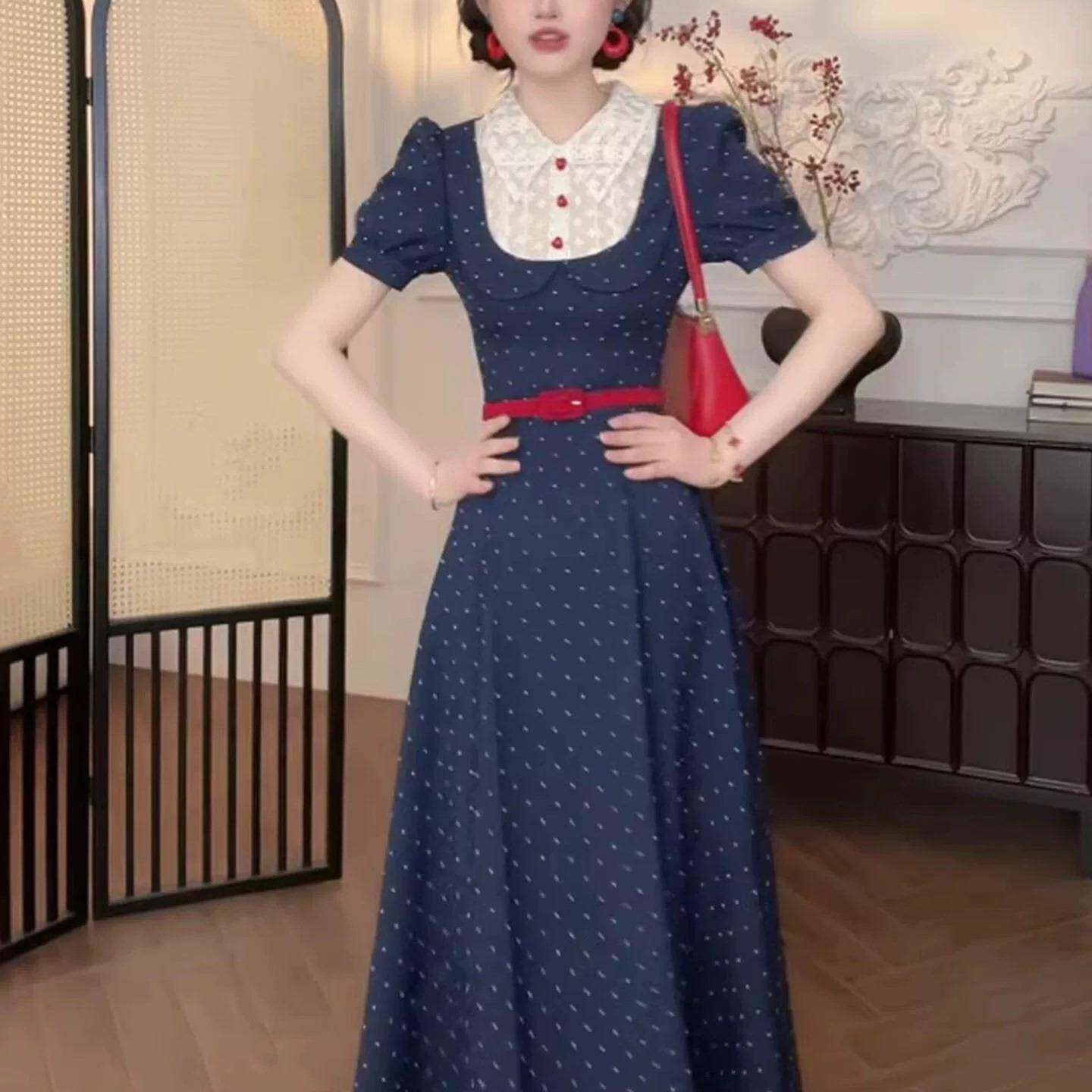 法式洋装收腰蕾丝拼接蓝色波点长裙2026年夏季新款夏装裙子女装