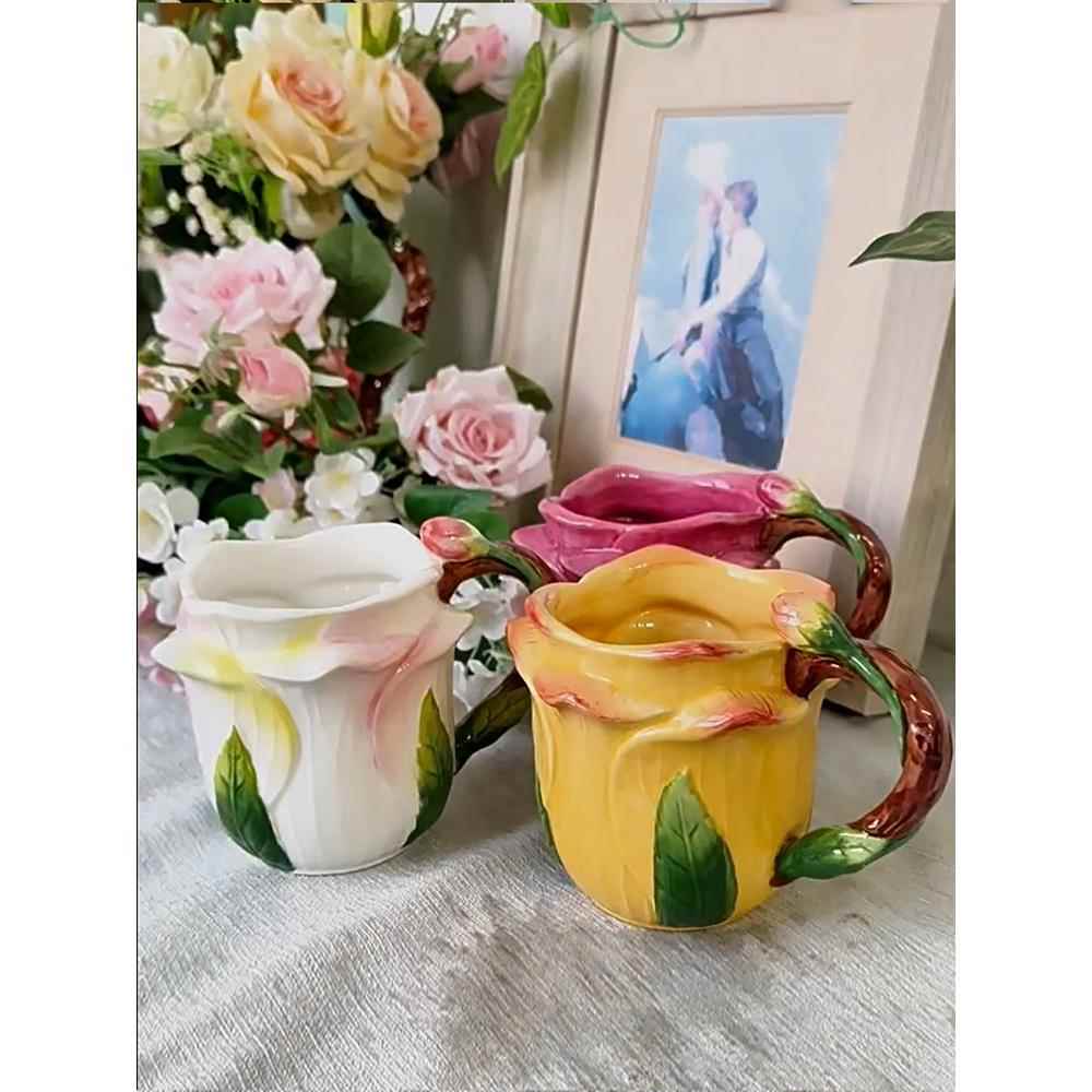 出口釉下彩玫瑰花陶瓷早餐杯咖啡杯花茶杯奶杯开水杯闺蜜生日送礼