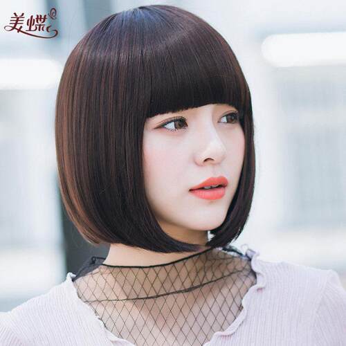假发女短发全头套圆脸斜浏海蓬松bobo头逼真自然内扣真发波波头