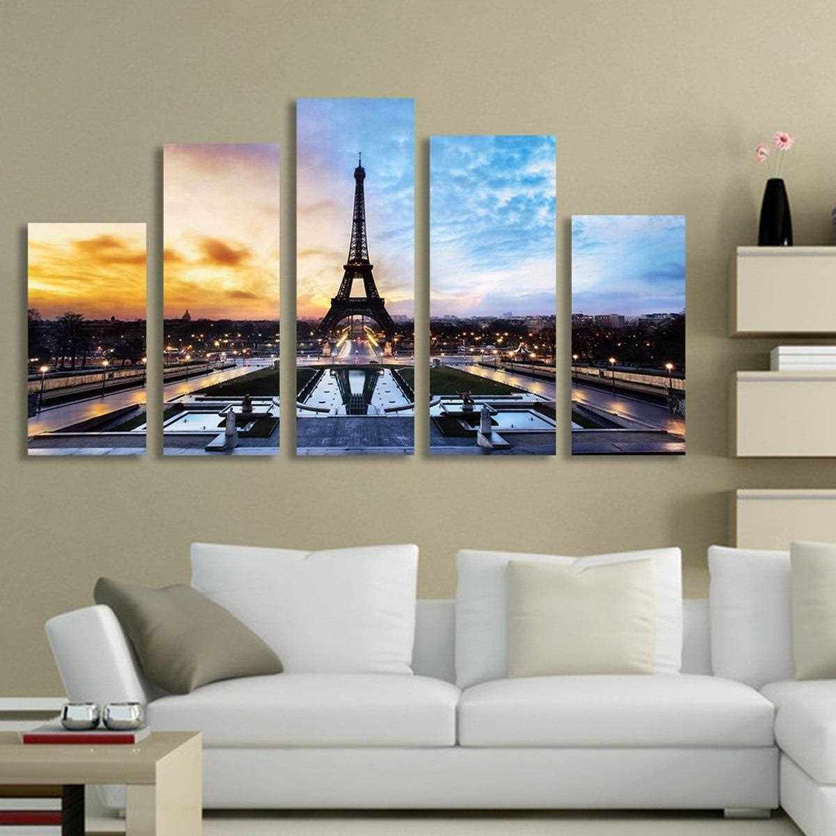 新款直销现代喷绘画装饰画酒店帆布油壁画五联艾菲尔铁塔跨境货源