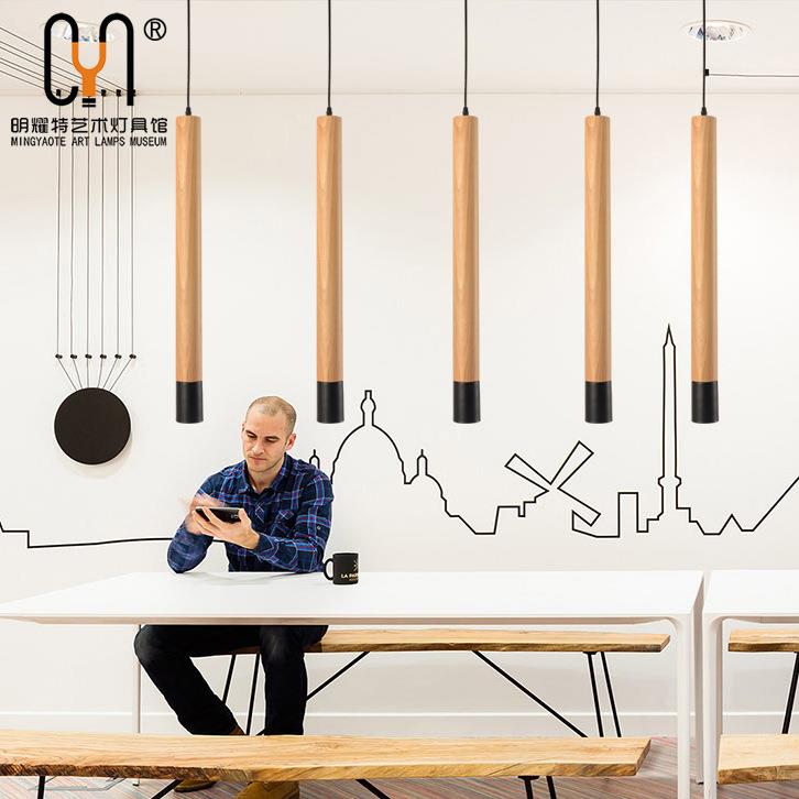 现代简约创意木艺直筒吊灯个性日式和风吧台餐厅床头橱窗LED吊灯