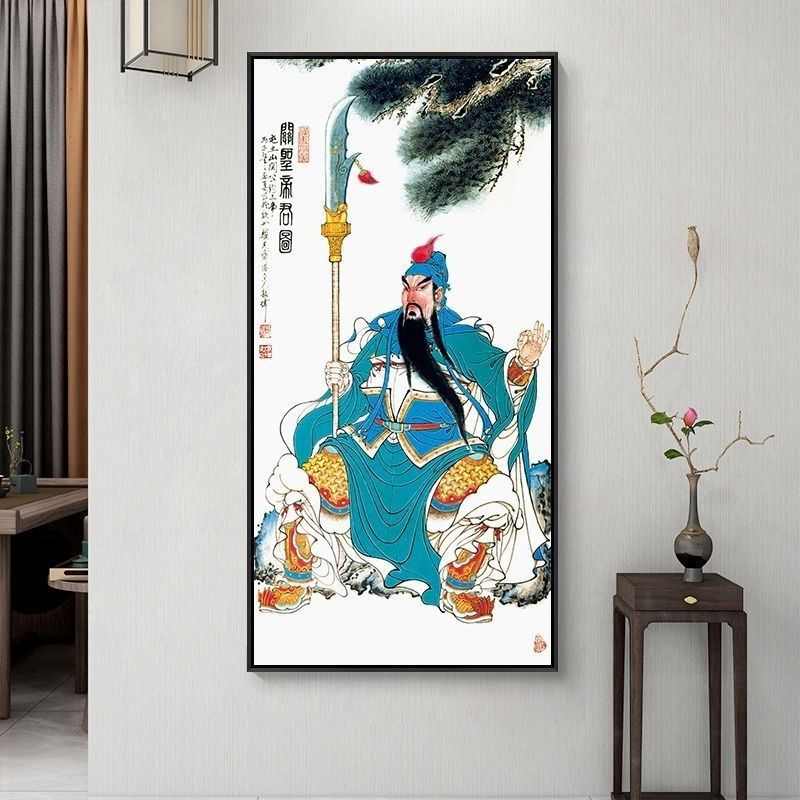 hot关公关羽玄关召财挂墙关公画像振宅客厅中堂挂画关公像武财神