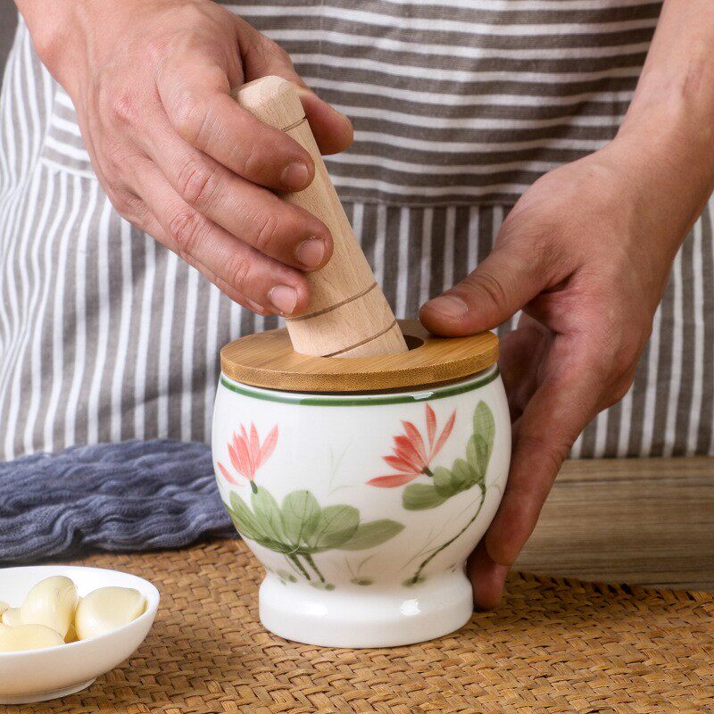 新品迷你手绘釉下彩蒜臼子捣蒜器研磨器手工捣碎器带盖带木棍勺子