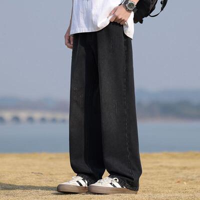 潮牌新款黑色牛仔裤男士春秋季美式潮流宽松直筒阔腿百搭休闲长裤