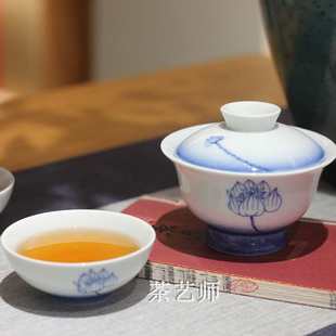 京德茶器贵和祥茶具青花瓷釉下彩茶杯陶瓷如意莲家用三才高脚盖碗