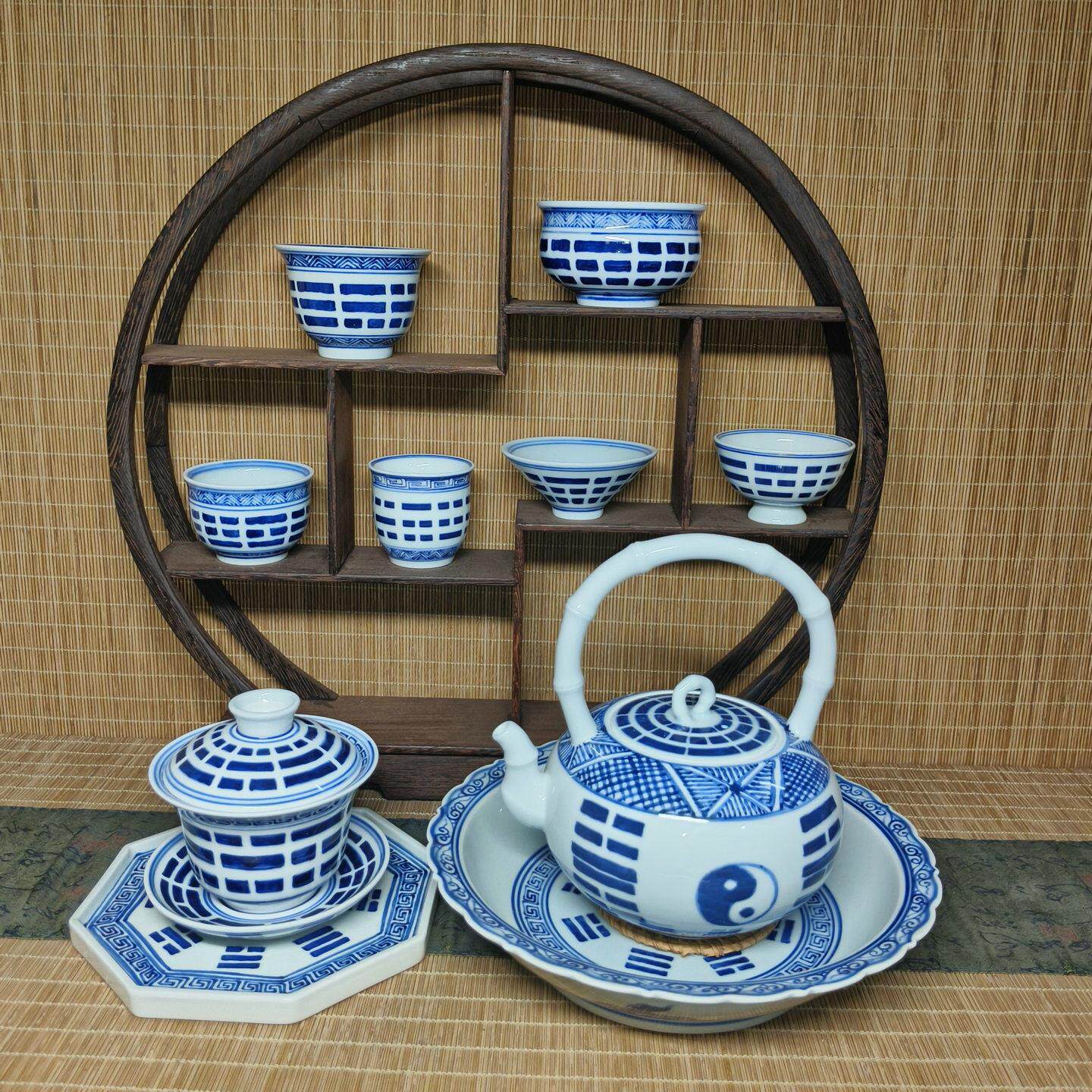景德镇手绘青花八卦图大师杯/普洱茶杯/茶壶/三彩盖碗/壶架