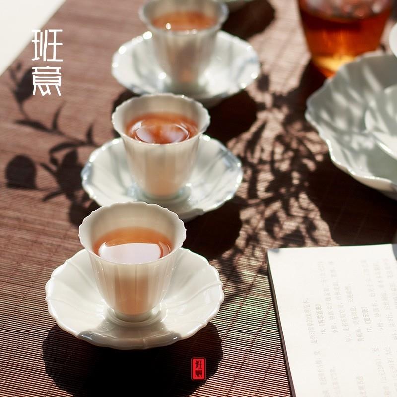 班意白瓷品茗杯甜白花瓣杯功夫茶具杯子主人杯杯垫套装小茶杯茶盏