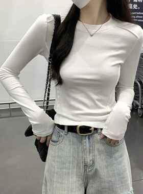 白色棉质春装女底衬衫立体线条分层设计修身长袖T恤上0203r1