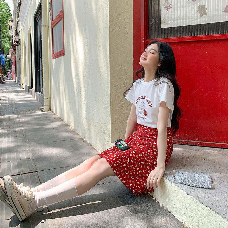 觅定红色碎花雪纺半身裙女夏季新款垂感高腰a字短裙子小个子半裙
