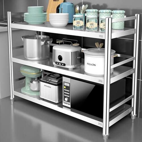 304不锈钢带围栏厨房置物三层落地家用加厚收纳储物微波炉货架子