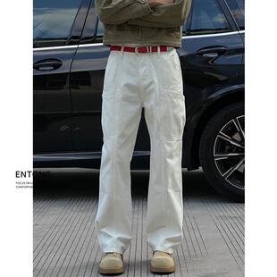 潮牌拼接牛仔裤子男款春秋季白色宽松直筒工装长裤
