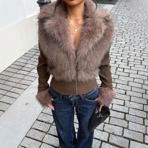Fashion Street Style Patchwork Faux Fur Zipper Long Sleeve