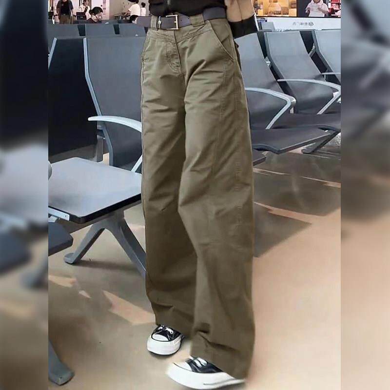 军绿色工装裤女2026春秋新款大码梨形身材高腰宽松窄版直筒阔腿裤