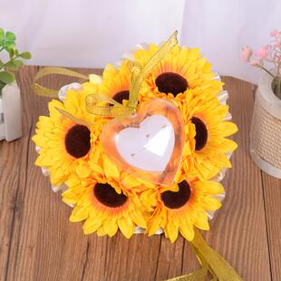 婚礼戒枕向日葵花装 新款 饰戒指枕头黄色心形戒枕婚庆 西式 直销新款