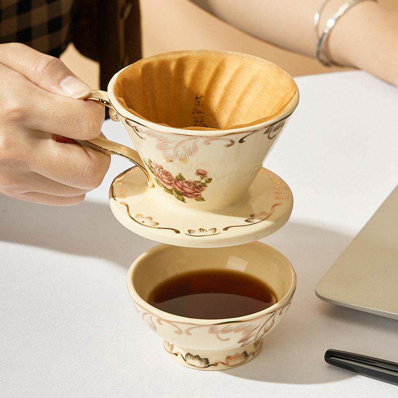 欧式手冲咖啡过滤杯套装 带托杯测碗 1~2人份小号V型 陶瓷滤杯