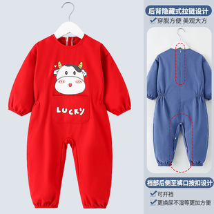 儿童连体罩衣秋冬季男童宝宝画画防水防脏婴儿爬行爬爬服女童外穿