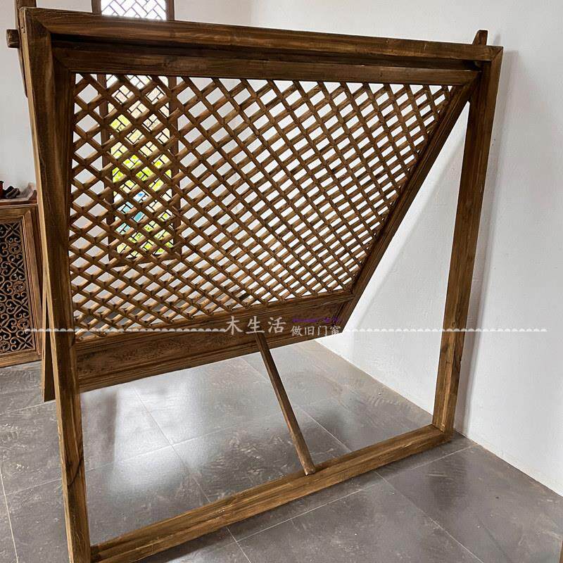 东阳木雕中式实木仿古窗户支摘窗做旧茶室花窗定制上翻窗西门庆窗