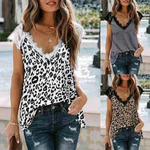 Pullover Tops Short Stitching Leopard Loose Womens Lace