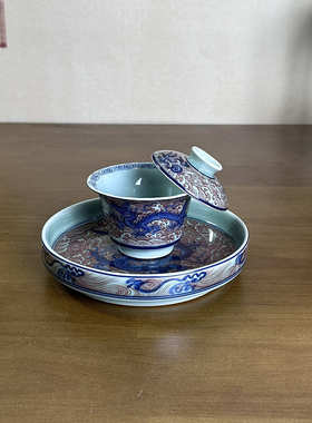 景德镇手工青釉里红龙纹盖碗二才马蹄小盖碗复古泡茶器茶杯大壶承