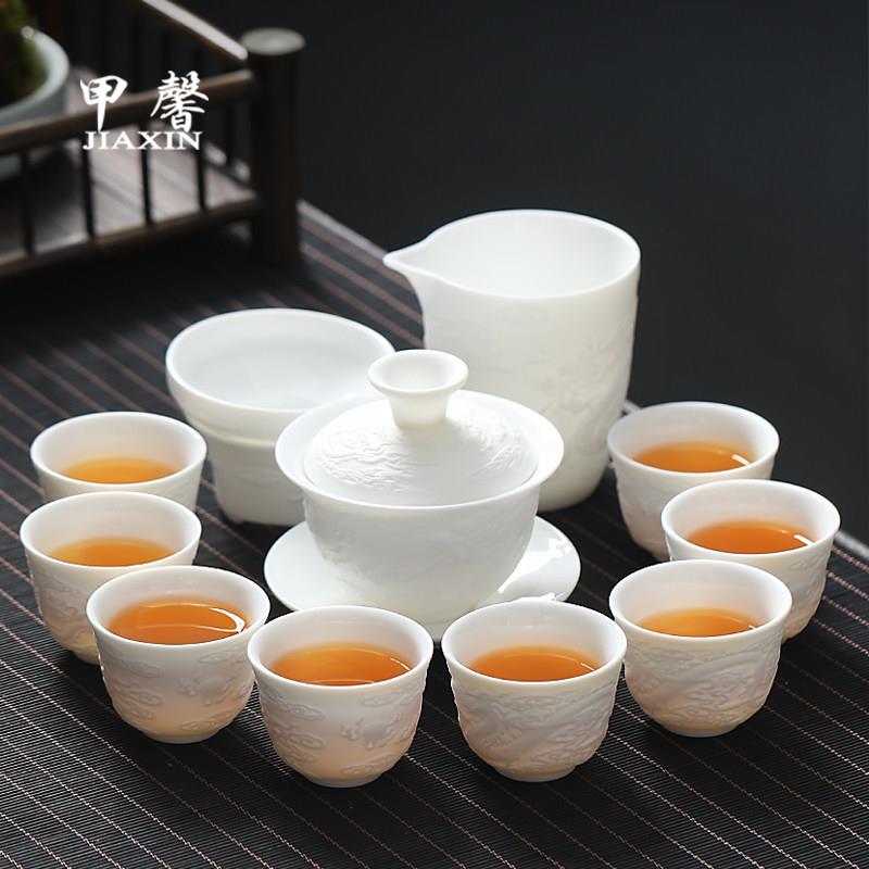 德化白瓷素烧功夫茶具套组家用茶具整套盖碗茶杯羊脂玉瓷泡茶小套