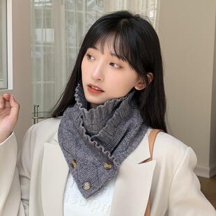纽扣针织围脖女冬季领圈百搭保暖护颈脖套毛衣假领子套头毛线围巾