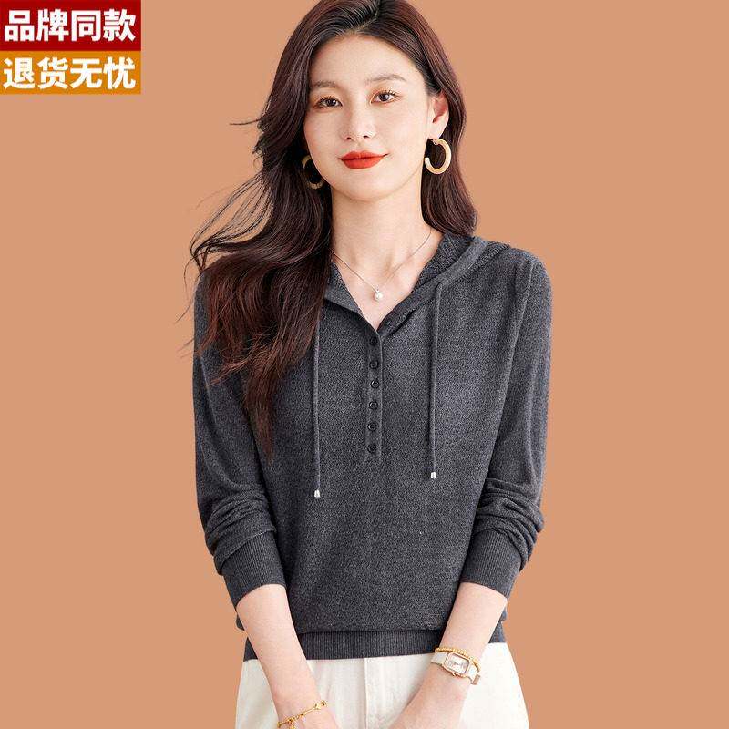 连帽针织衫长袖t恤女2025新款秋季大码洋气妈妈宽松薄羊毛打底衫